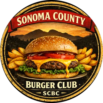 Sonoma County Burger Club logo: a cheeseburger and fries in front of a mountain sunset, with the letters SCBC